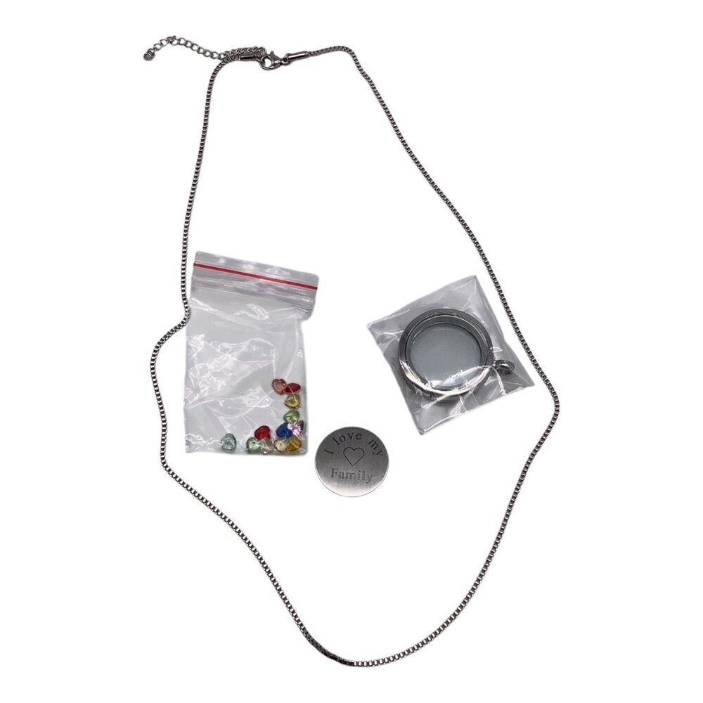 I Love My Family Locket Necklace Chain With Charms Set 21in Sliver Tone‎